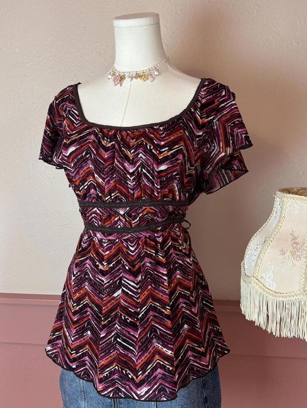 y2k gyaru babydoll tie back cap sleeve top ab studio sz xl cottage  geometric